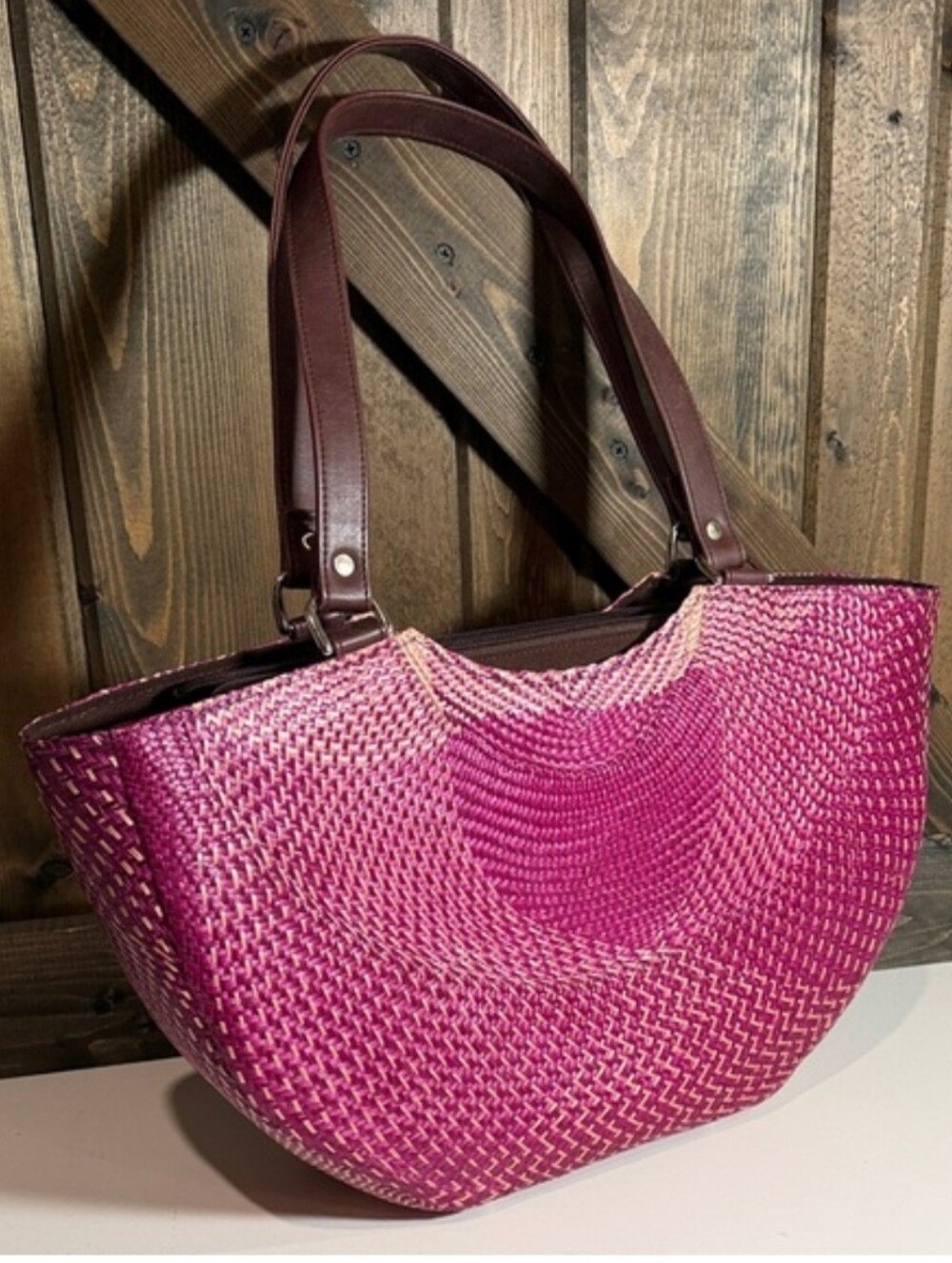Pink Woven Straw Tote Bag with Brown Handles